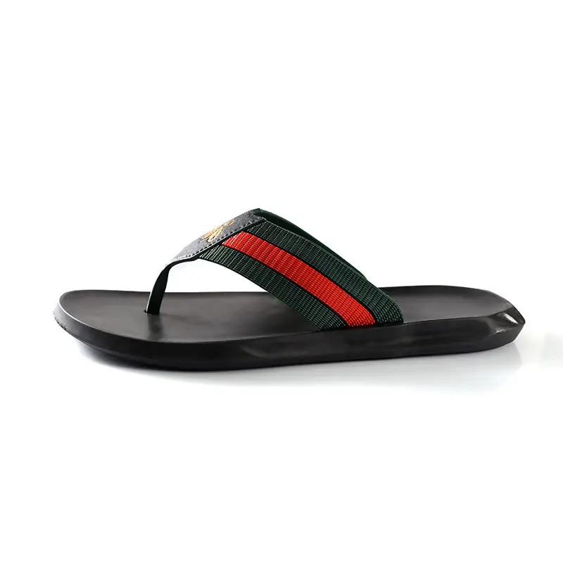 Men's Korean Style Black Flip Flops with Red Stripe