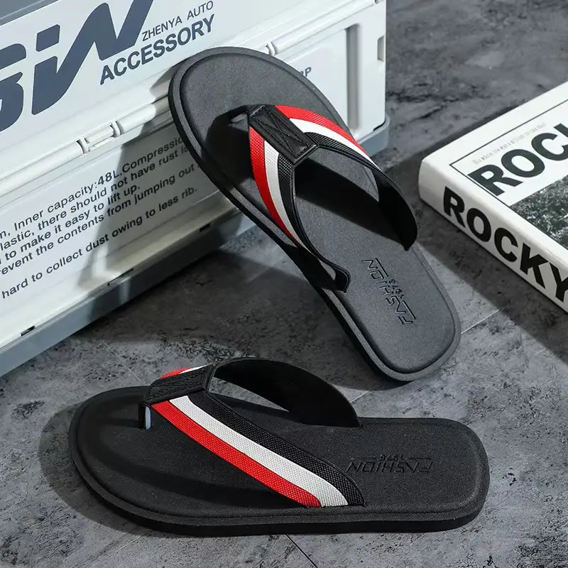 Men's Korean Style Black Flip Flops with Red Stripe