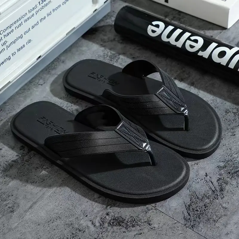 Men's Korean Style Black Flip Flops with Red Stripe