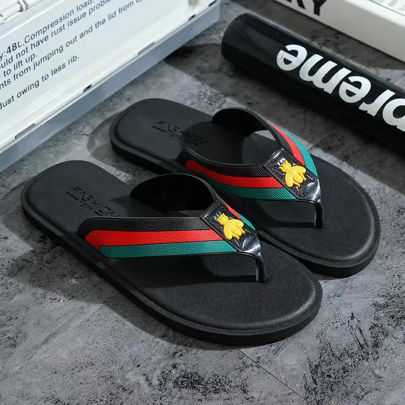 Men's Korean Style Black Flip Flops with Red Stripe