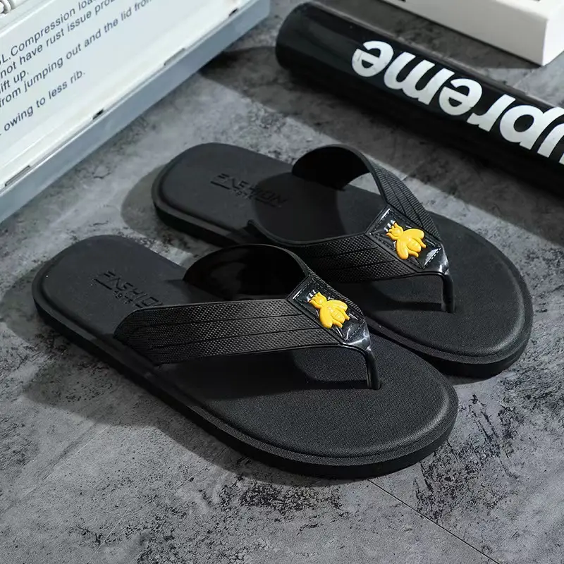 Men's Korean Style Black Flip Flops with Red Stripe