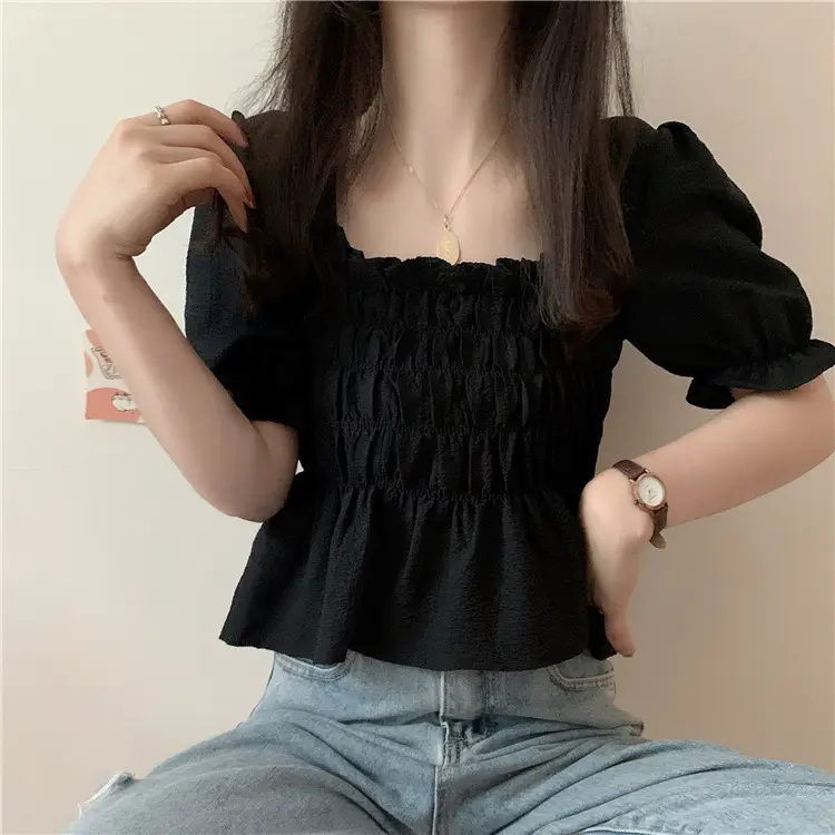 Black Chiffon Puff Sleeve Women's Top