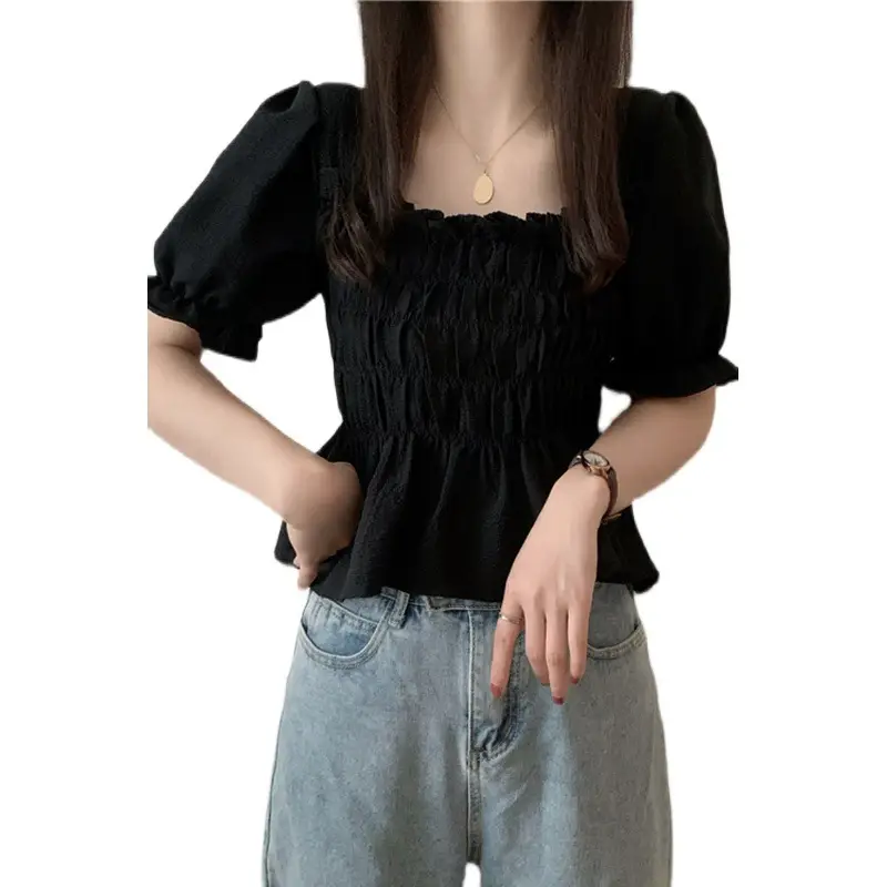 Black Chiffon Puff Sleeve Women's Top