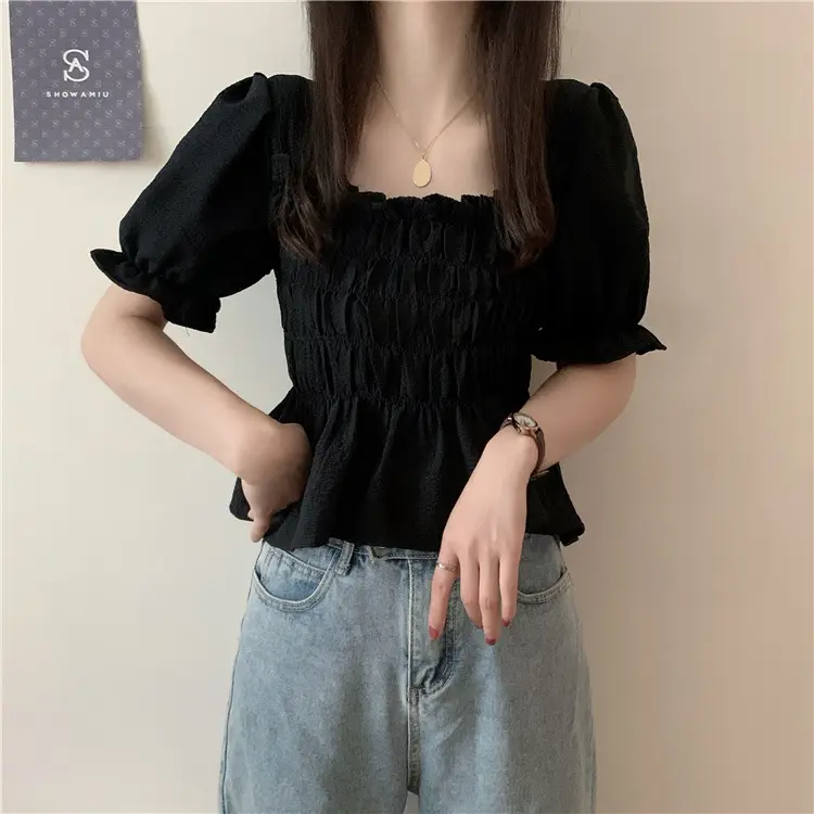 Black Chiffon Puff Sleeve Women's Top — feature 12