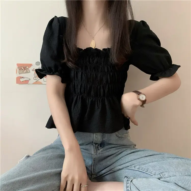 Black Chiffon Puff Sleeve Women's Top — feature 13