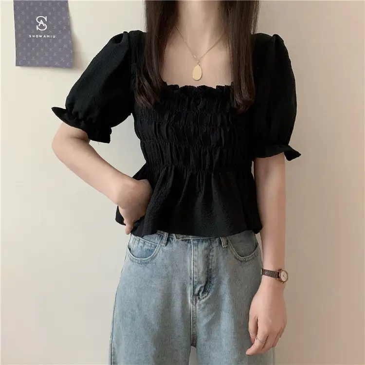Black Chiffon Puff Sleeve Women's Top — feature 14