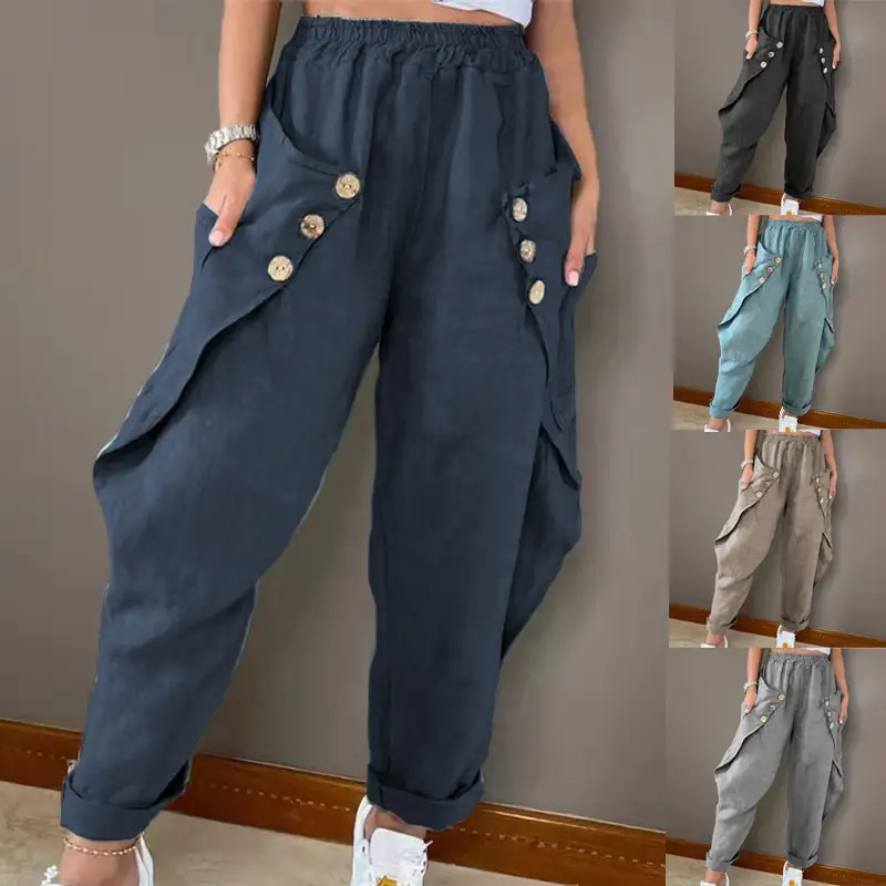 Women's Black Button Waist Casual Pants with Side Pockets - Image 6