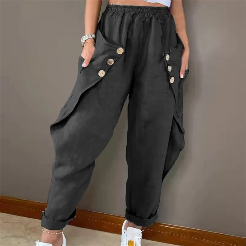 Women's Black Button Waist Casual Pants with Side Pockets - Image 7