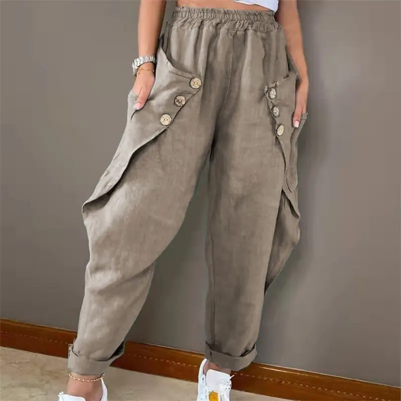Women's Black Button Waist Casual Pants with Side Pockets - Image 8