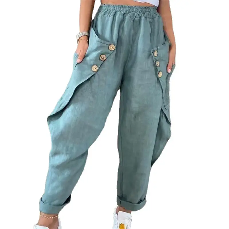 Women's Black Button Waist Casual Pants with Side Pockets - Image 10
