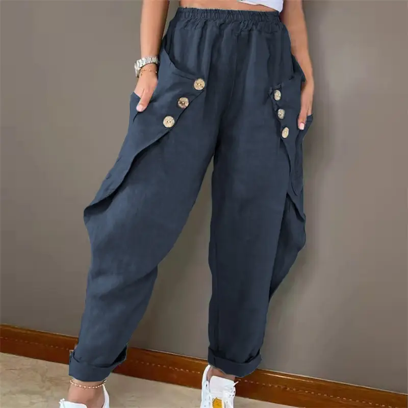 Women's Black Button Waist Casual Pants with Side Pockets - Image 5