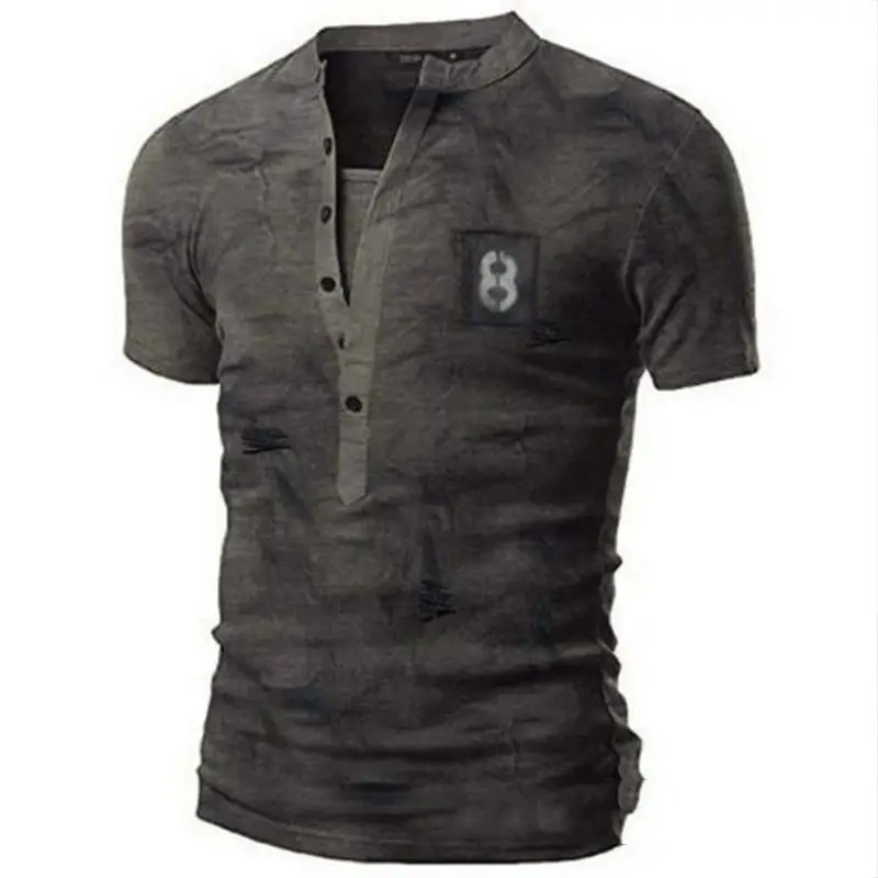 Men Black 3D Printed V-Neck T-Shirt Casual Retro Military - Image 3