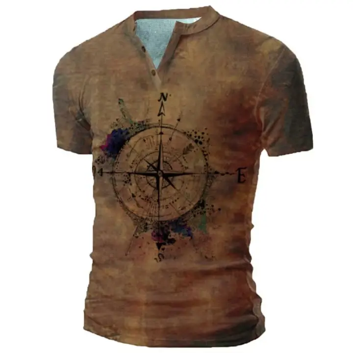 Men Black 3D Printed V-Neck T-Shirt Casual Retro Military - Image 12