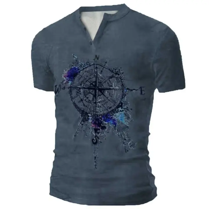 Men Black 3D Printed V-Neck T-Shirt Casual Retro Military - Image 13