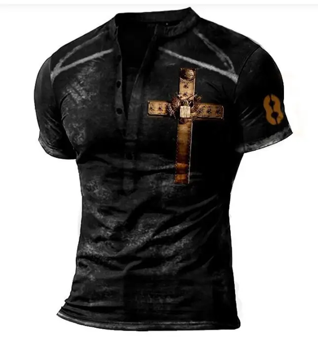 Men Black 3D Printed V-Neck T-Shirt Casual Retro Military - Image 5