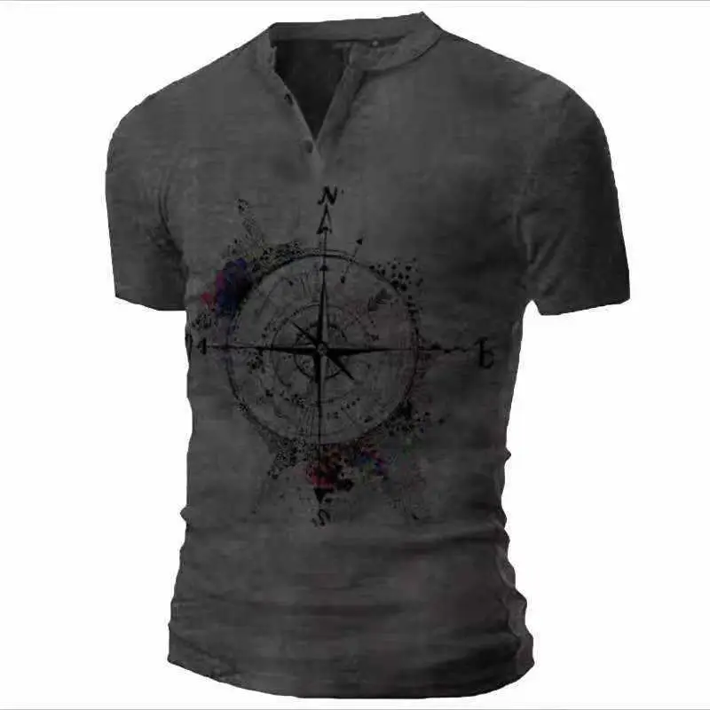 Men Black 3D Printed V-Neck T-Shirt Casual Retro Military - Image 6
