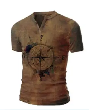 Men Black 3D Printed V-Neck T-Shirt Casual Retro Military - Image 7