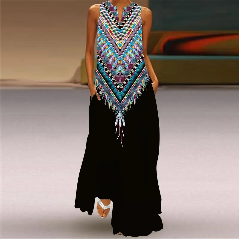 V-Neck Sleeveless Maxi Dress Black White Floral Print - Image 3
