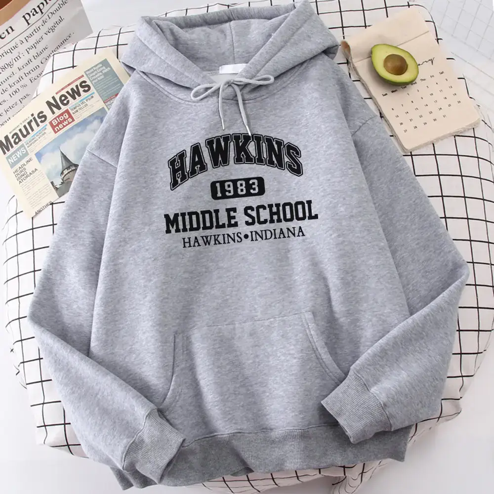 Women White Hawkins Middle School Hoodie Fleece Long Sleeve - Image 20