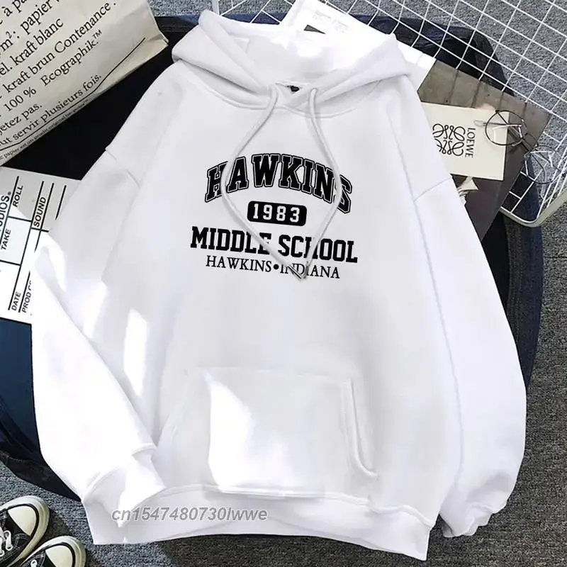 Women White Hawkins Middle School Hoodie Fleece Long Sleeve - Image 21