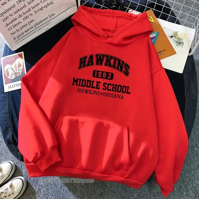 Women White Hawkins Middle School Hoodie Fleece Long Sleeve - Image 23