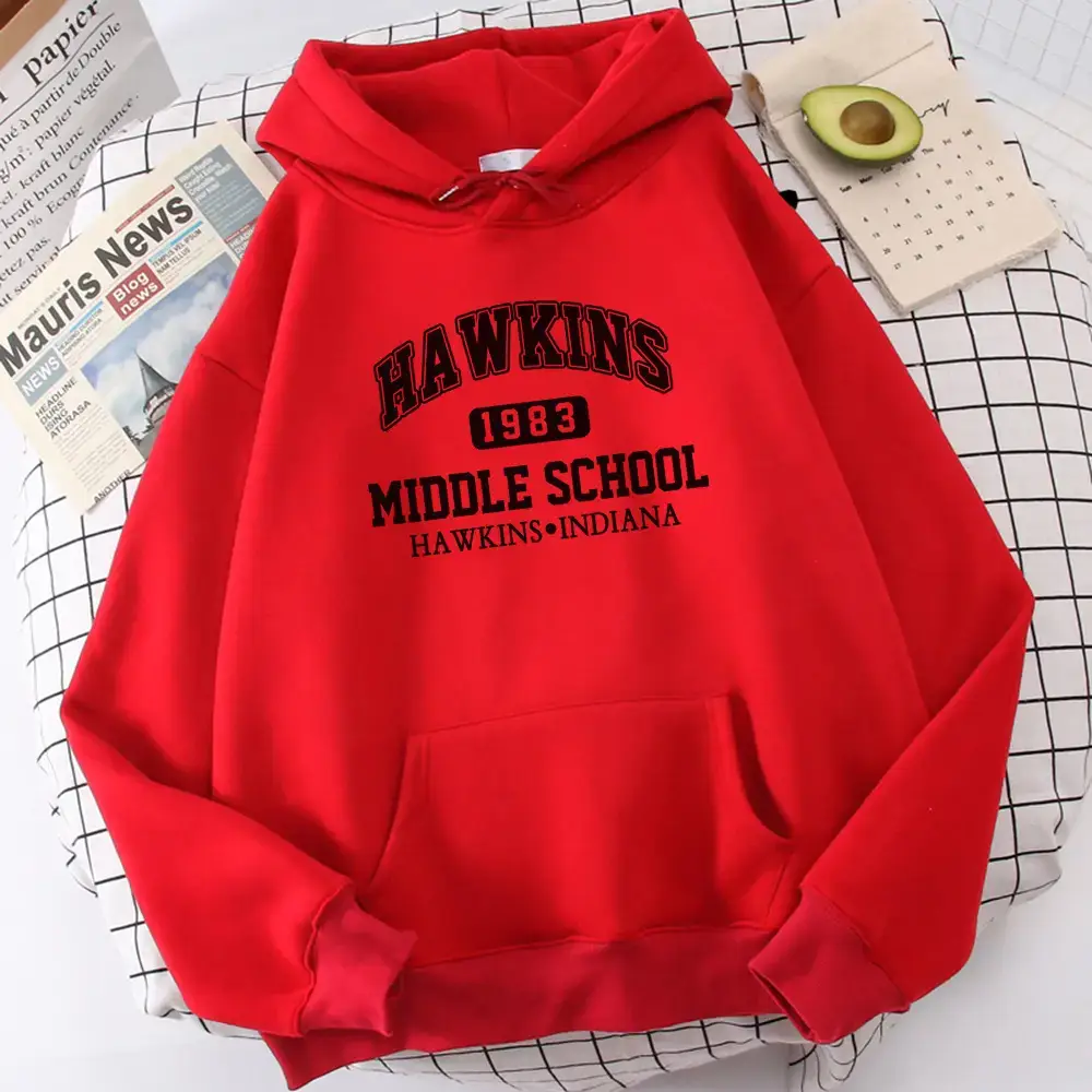 Women White Hawkins Middle School Hoodie Fleece Long Sleeve - Image 2