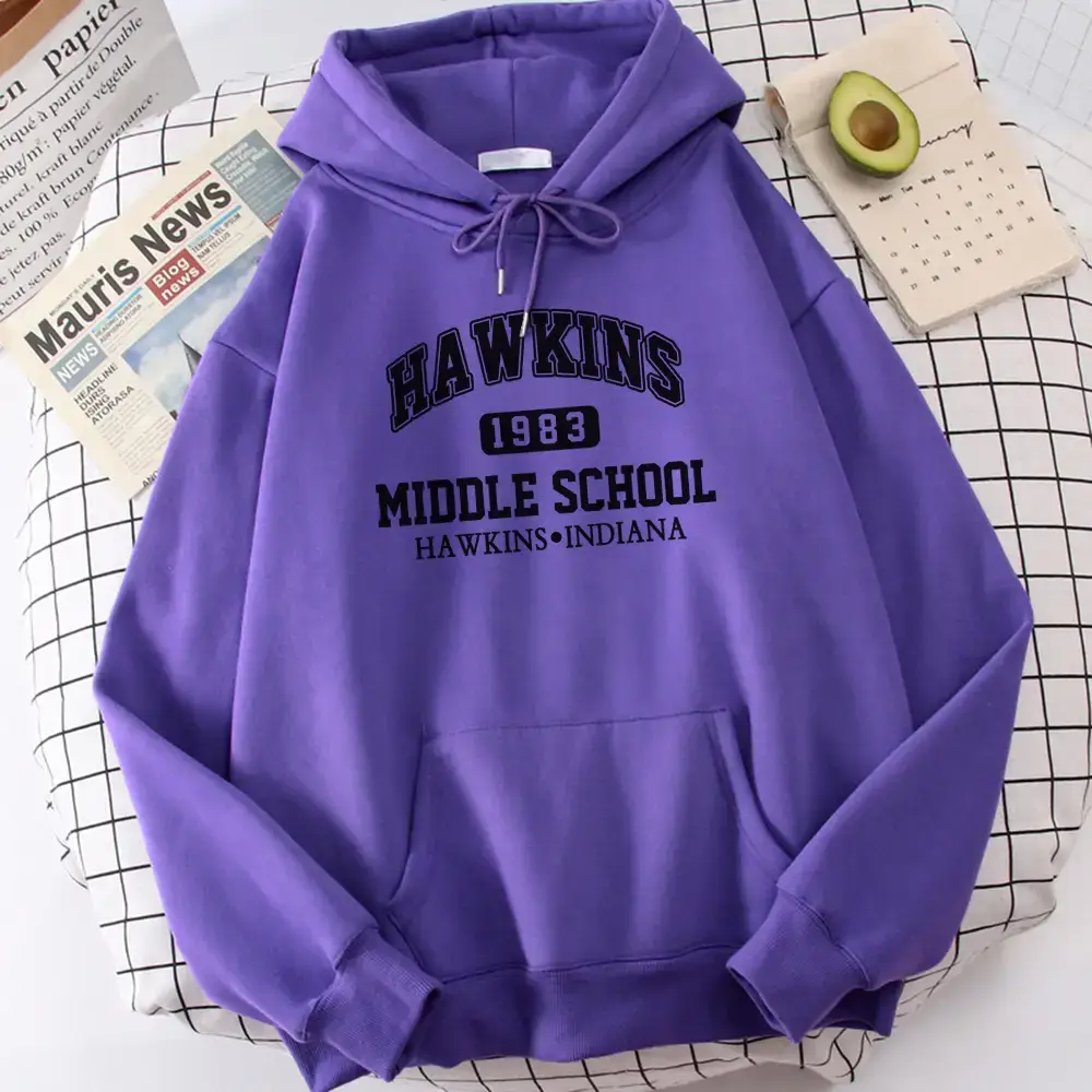Women White Hawkins Middle School Hoodie Fleece Long Sleeve - Image 3
