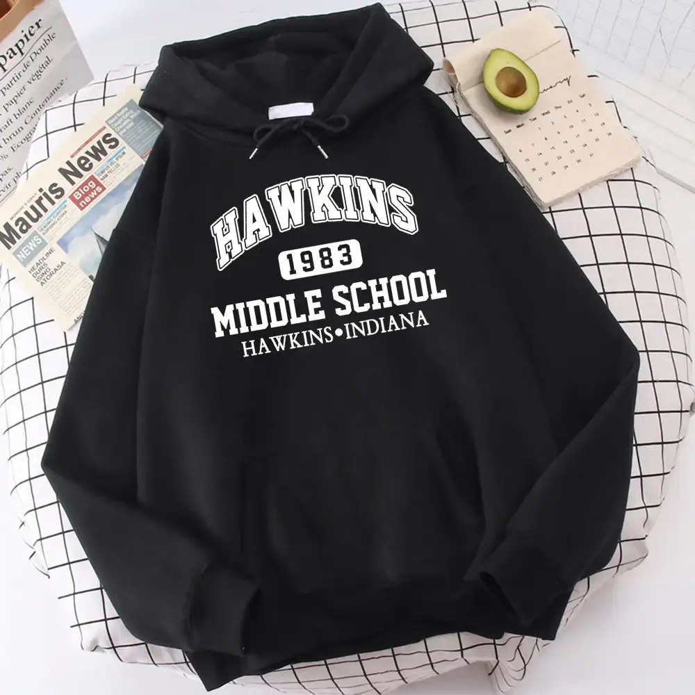 Women White Hawkins Middle School Hoodie Fleece Long Sleeve - Image 5