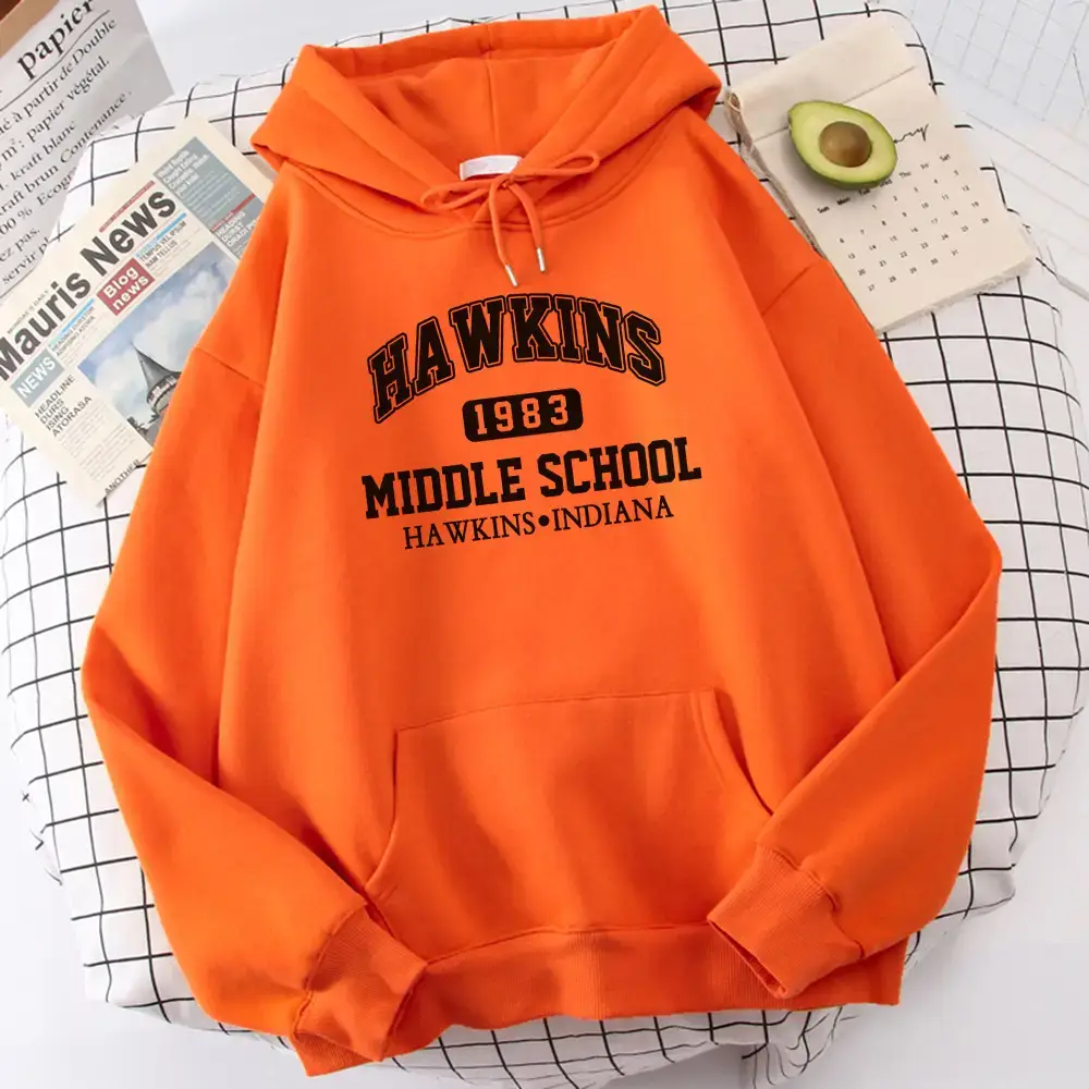 Women White Hawkins Middle School Hoodie Fleece Long Sleeve - Image 6