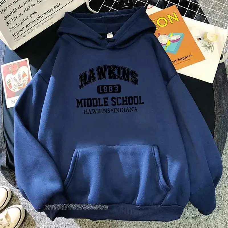 Women White Hawkins Middle School Hoodie Fleece Long Sleeve - Image 7