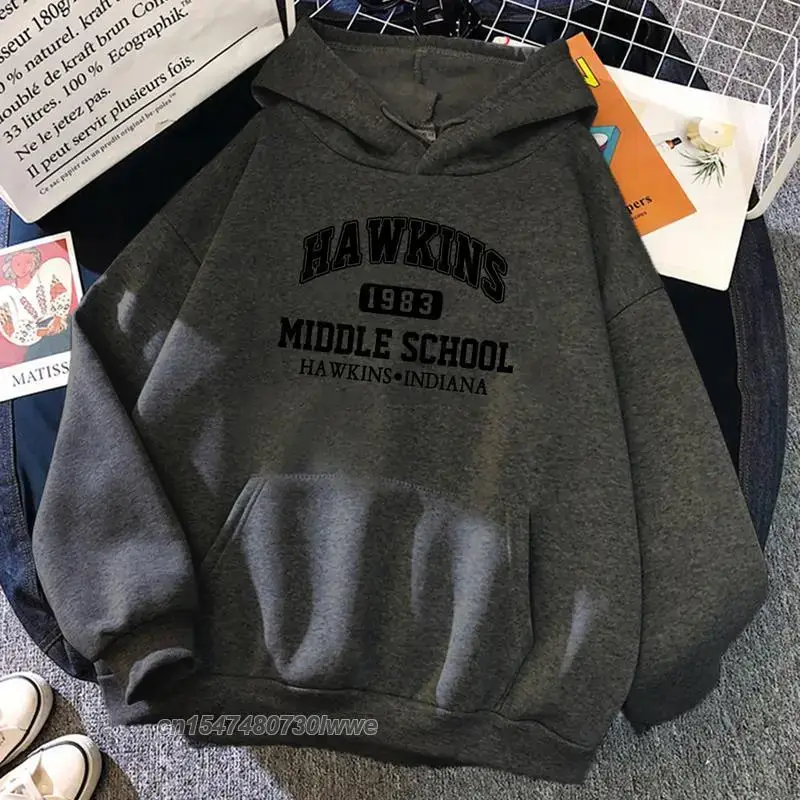Women White Hawkins Middle School Hoodie Fleece Long Sleeve - Image 8