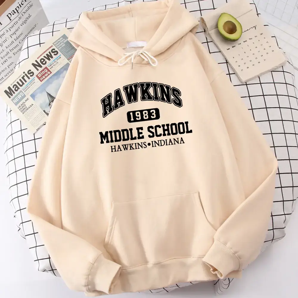 Women White Hawkins Middle School Hoodie Fleece Long Sleeve - Image 9