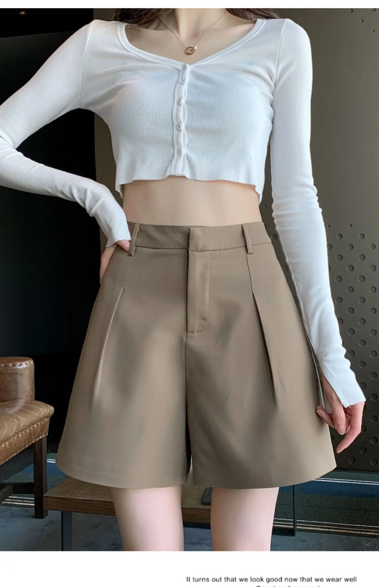Women Khaki Slimming Shorts High Waist Loose Summer — feature 19