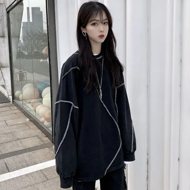 Women's Black Thin T-Shirt Sweatshirt Set Loose Mid-Length Hip-hop Style - Image 11