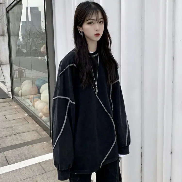 Women's Black Thin T-Shirt Sweatshirt Set Loose Mid-Length Hip-hop Style — feature 3