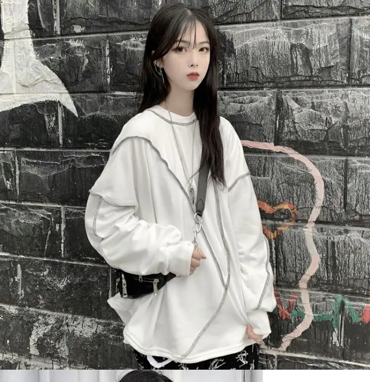 Women's Black Thin T-Shirt Sweatshirt Set Loose Mid-Length Hip-hop Style — feature 4
