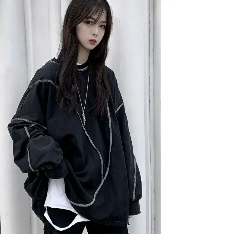 Women's Black Thin T-Shirt Sweatshirt Set Loose Mid-Length Hip-hop Style — feature 5