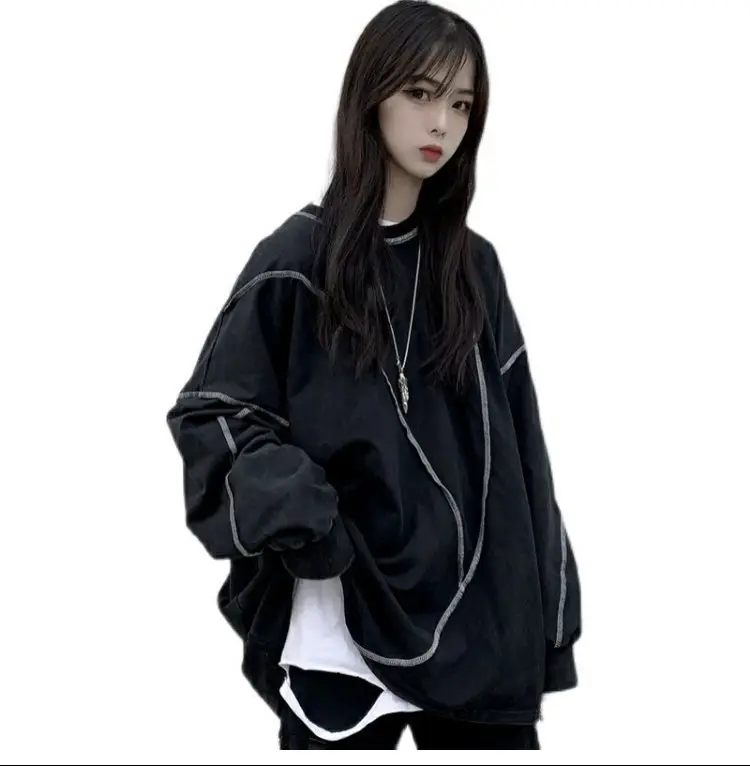 Women's Black Thin T-Shirt Sweatshirt Set Loose Mid-Length Hip-hop Style — feature 6