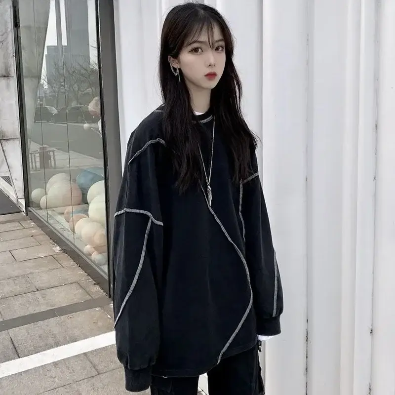 Women's Black Thin T-Shirt Sweatshirt Set Loose Mid-Length Hip-hop Style - Image 6