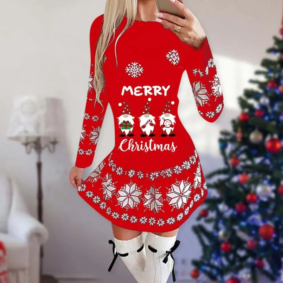 Red Snowflake Elk Print Christmas Dress for Women — feature 3