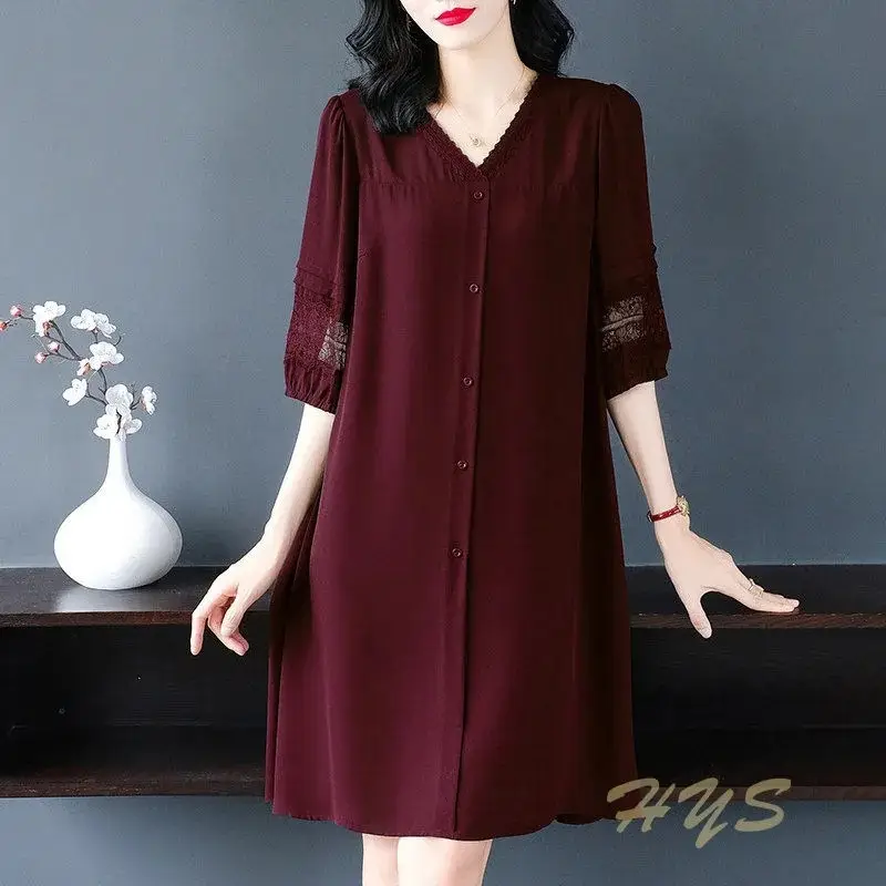 Summer New Large Size Mother V-Neck 7 Bubble Sleeve Long Dress - Image 4