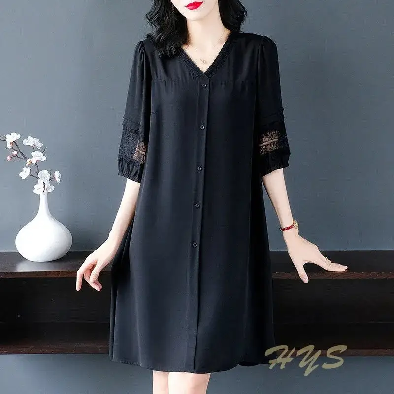 Summer New Large Size Mother V-Neck 7 Bubble Sleeve Long Dress - Image 5