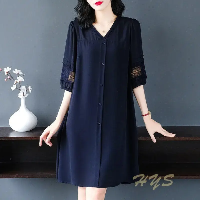 Summer New Large Size Mother V-Neck 7 Bubble Sleeve Long Dress - Image 6