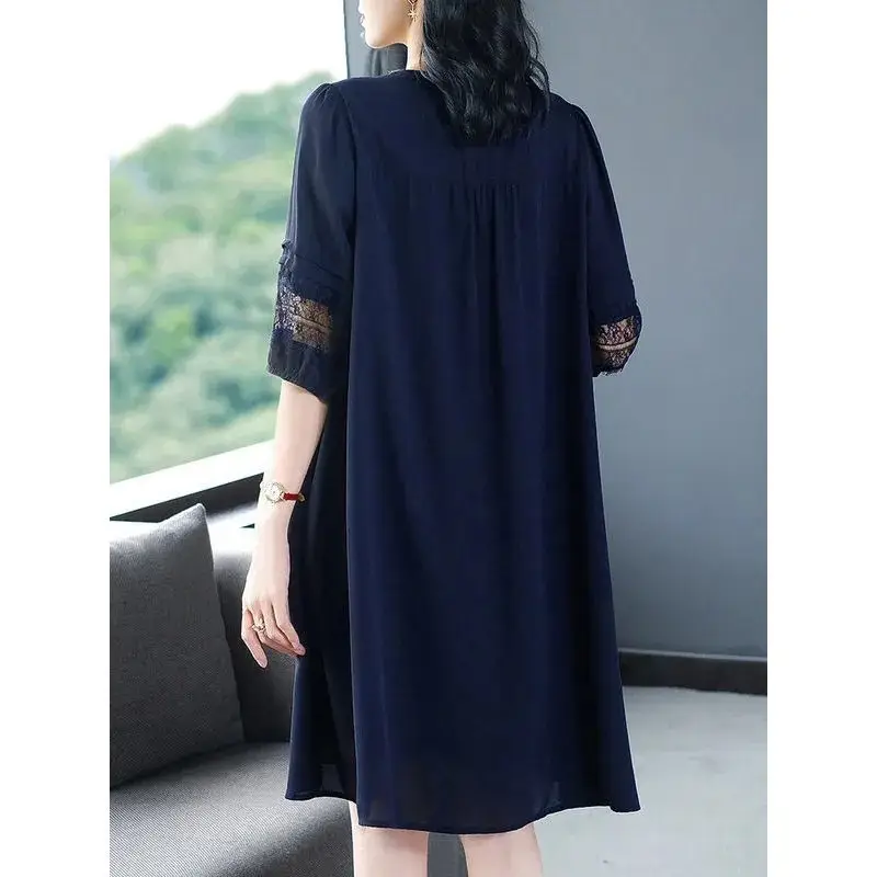 Summer New Large Size Mother V-Neck 7 Bubble Sleeve Long Dress - Image 7