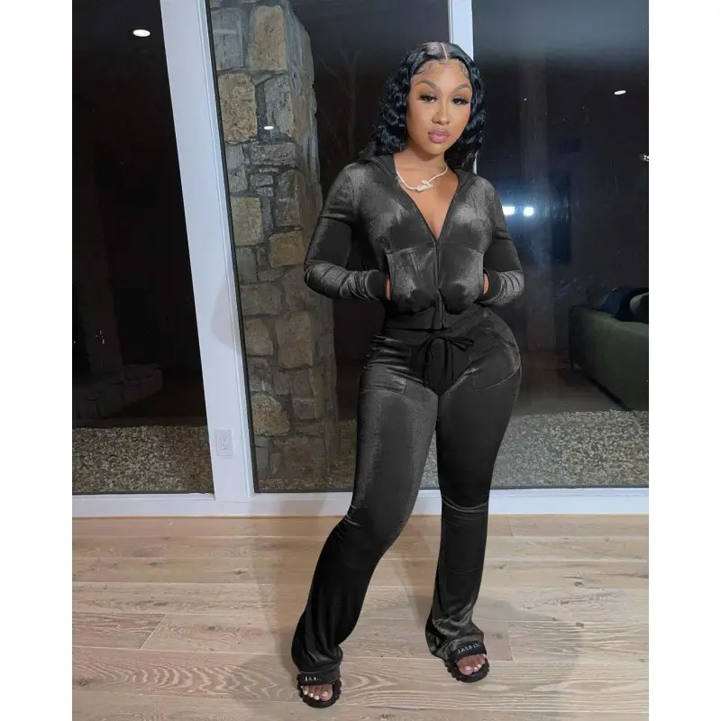 Brown Velvet 2-Piece Hooded Zipper Set for Women - Image 11