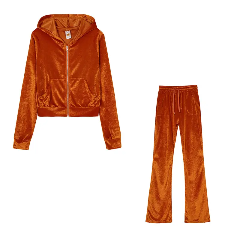 Brown Velvet 2-Piece Hooded Zipper Set for Women — feature 13