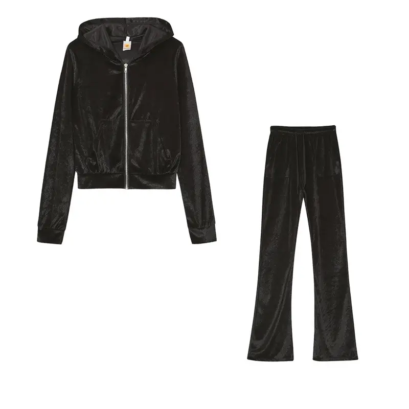 Brown Velvet 2-Piece Hooded Zipper Set for Women — feature 16