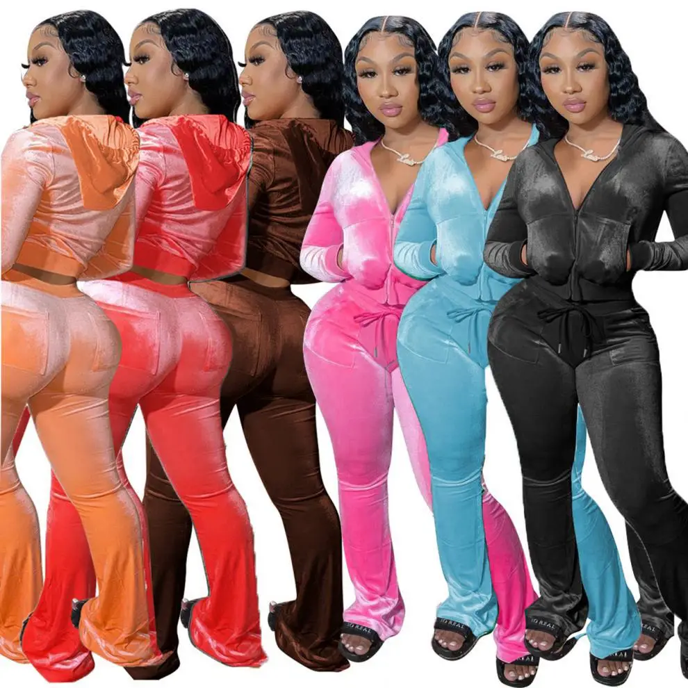 Brown Velvet 2-Piece Hooded Zipper Set for Women — feature 2