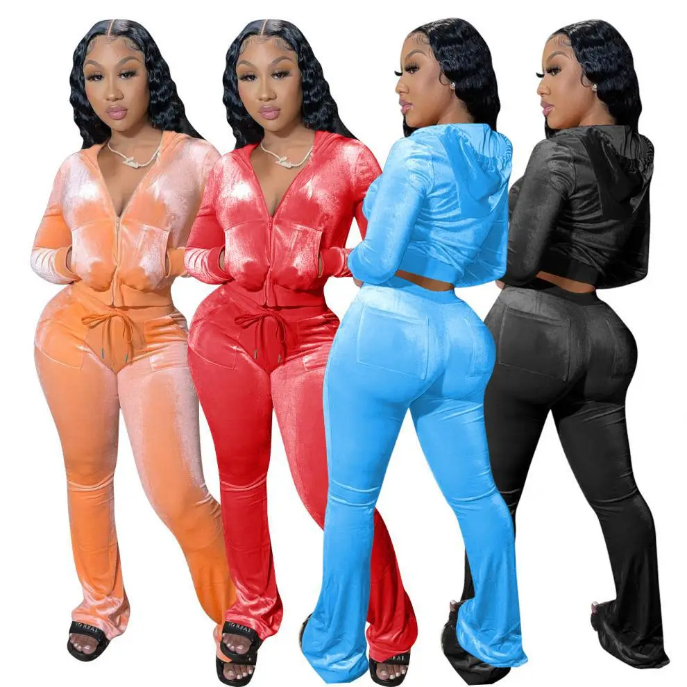 Brown Velvet 2-Piece Hooded Zipper Set for Women — feature 3