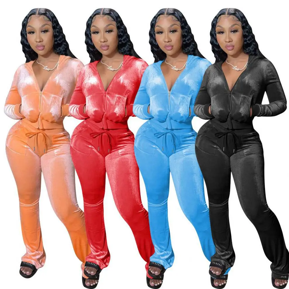 Brown Velvet 2-Piece Hooded Zipper Set for Women — feature 4